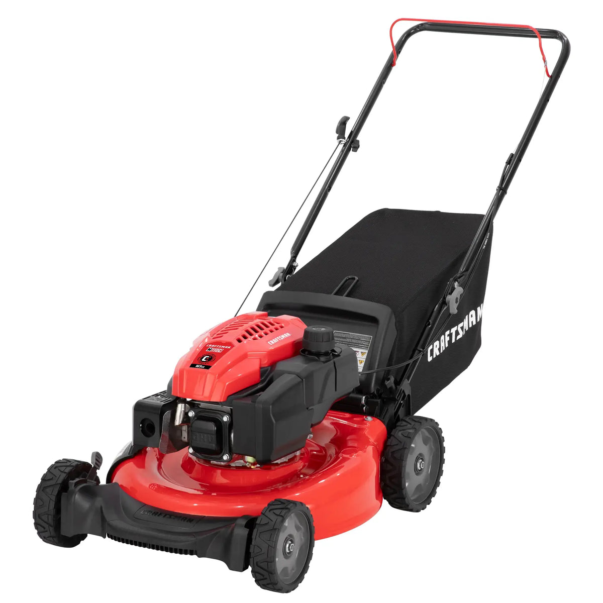 Photo of Craftsman walk-behind lawn mower CM11A-A2C2093 with red deck, black engine, and rear grass bag, angled view.