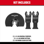 Photo of three CRAFTSMAN oscillating tool blades, SKU CMAO552, for wood and general purpose cutting, on white background.