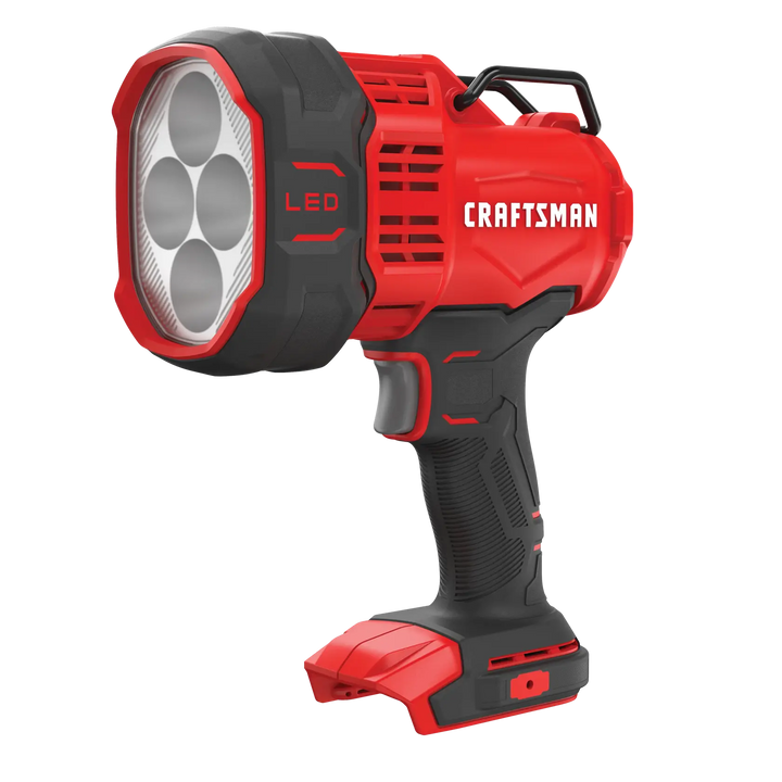 Photo of CRAFTSMAN handheld LED spotlight, model CMCL060B, in black and red, angled view on white background.