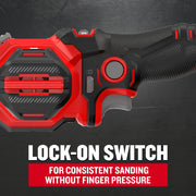 Close-up, side view of Craftsman sander with lock-on switch feature highlighted, SKU CMCW211B, black and red handle.