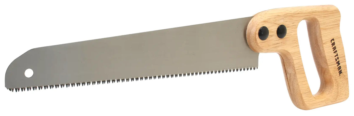 Photo of Craftsman hand saw CMHT20221 with light wood handle and straight steel blade, side angle on white background.