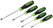 Photo of CRAFTSMAN screwdriver set CMHT65087NG, five pieces with black and green handles, flathead and Phillips types.