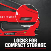 Photo of Craftsman light duty stapler CMHT82642, close-up on lock button feature for compact storage, side angle.