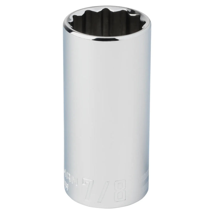 Photo of Craftsman chrome socket 7/8 inch, deep design, CMMT43319, vertical front angle.