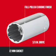 Craftsman 22 mm socket CMMT44298 with full-polish chrome finish, 3/8 in. drive, front angle on white background.