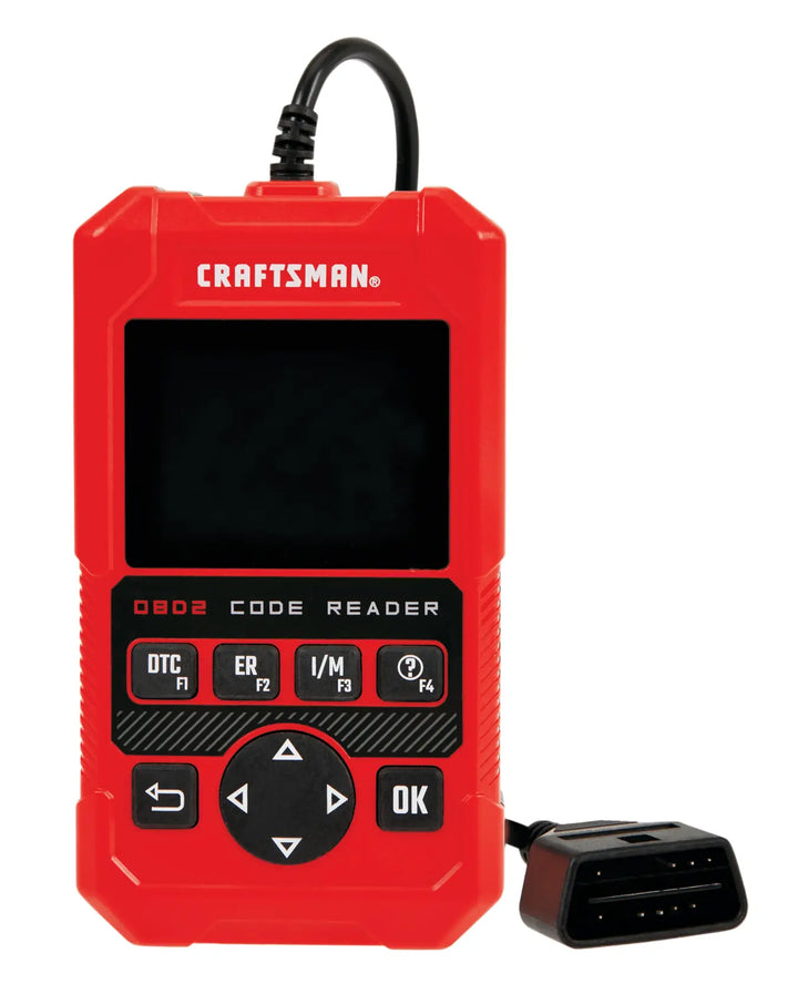 Front angle photo of Craftsman OBD2 code reader, SKU CMMT77693, red casing, black display, labeled buttons.