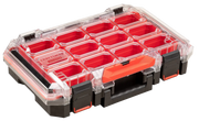 Photo of Craftsman CMST21417 red and black plastic organizer box with clear lid, angled on white background.
