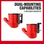 Photo of CRAFTSMAN CMST82823VT red cup holder with two mounting brackets on white background.