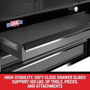 Craftsman graphics CMST98260BK close-up of black drawer with textured liner and USA sticker, white background angle.