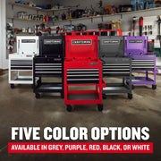 Craftsman graphics CMST98276PB tool chests in five colors: white, black, red, grey, and purple in a workshop.