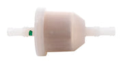 Plastic in-line fuel filter with barbed connectors, translucent body, white background beauty shot, side angle.