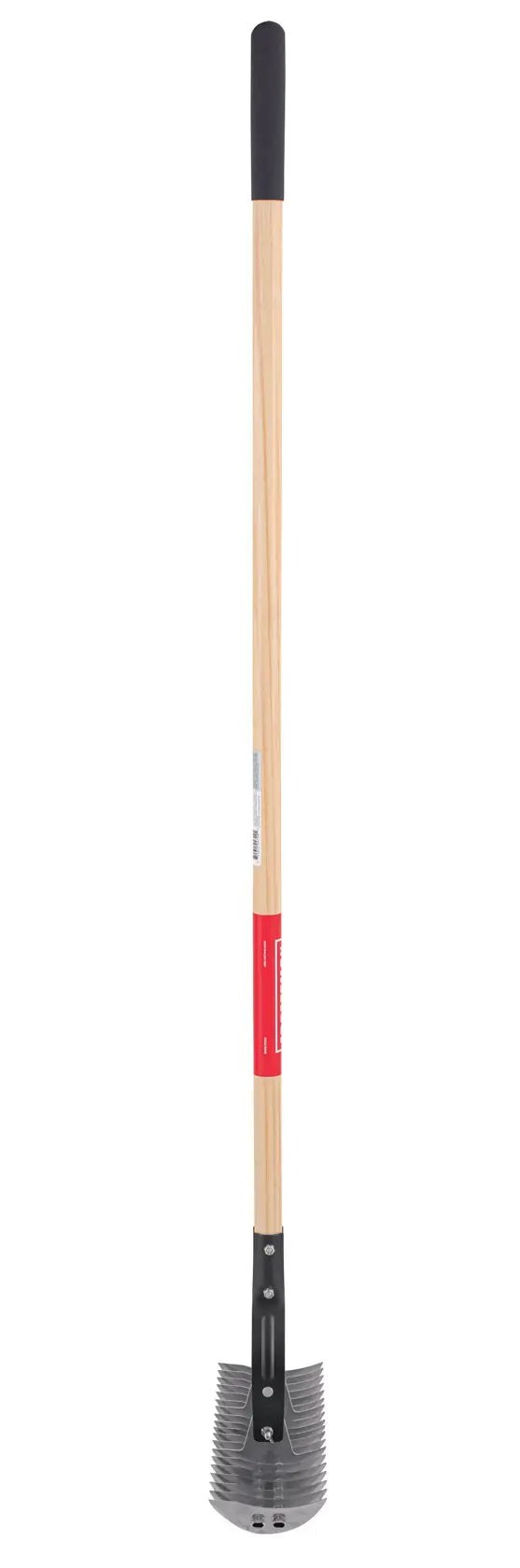 A long-handled gardening tool with a wooden shaft, black grip at the top, and a metal serrated blade at the bottom. The blade is designed for cutting and digging in soil.
