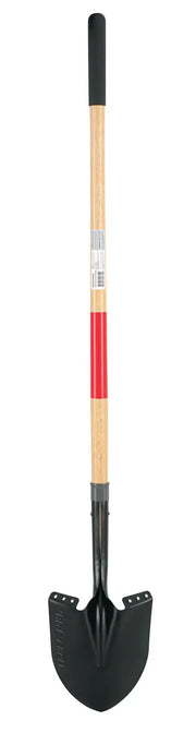A long-handled shovel with a wooden shaft, a black blade, and a black grip at the top. The handle features a red section near the blade and a sticker with product information.