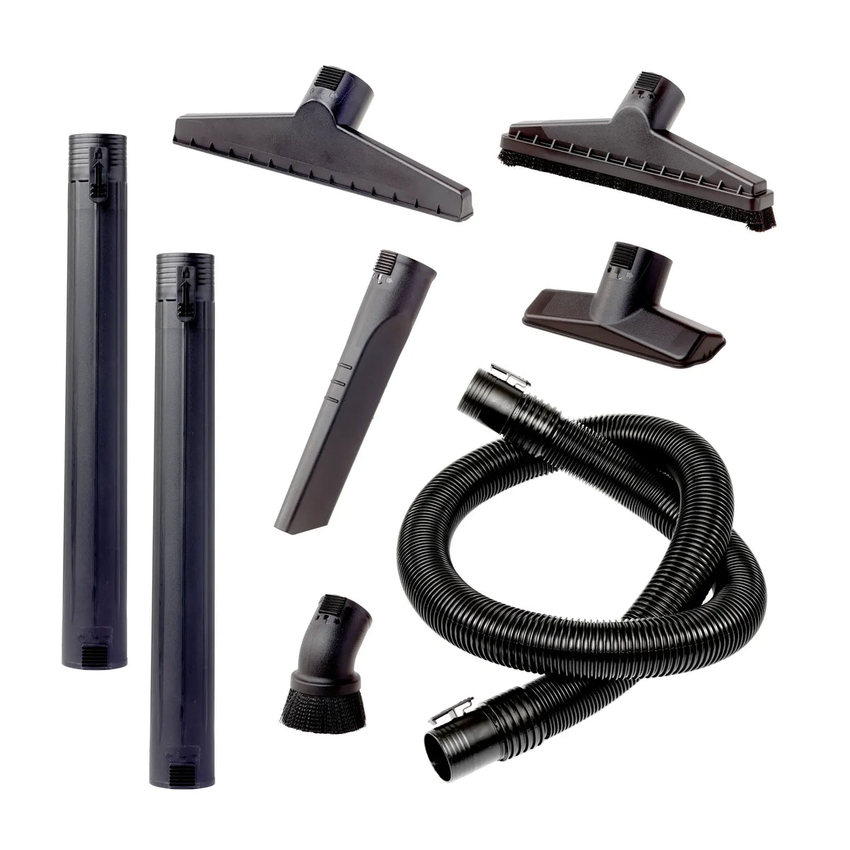 A set of black vacuum cleaner accessories including two extension tubes, various nozzles, a hose, a brush attachment, and a flat extension tool, arranged on a white background.